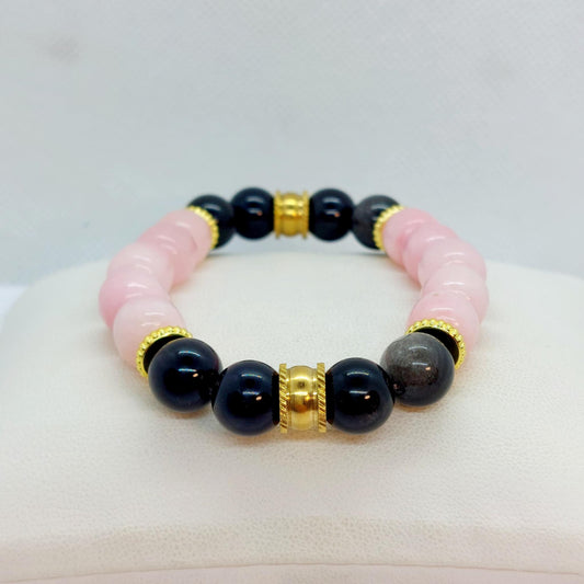 Obsidian and Rose Quartz Bracelet in 10mm Natural Stones