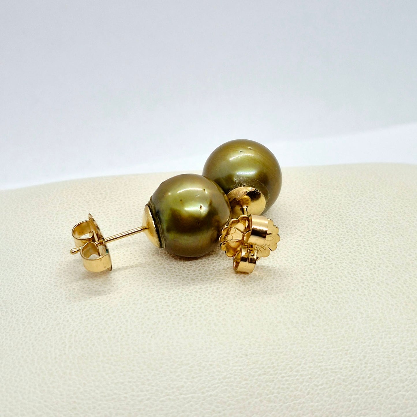 Natural Green South Sea Pearl Earrings and Pendant Set with 14-16mm Stones in Solid 14K Gold