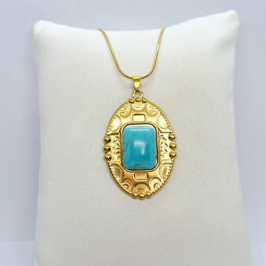 Natural Turquoise Pendant with Gold Plated Stainless Steel Chain Necklace
