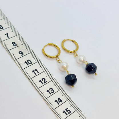 Natural Onyx and Pearl Dangle Hoop Earrings in Gold Plated Stainless Steel