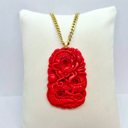 Natural Red Hetian Jade Dragon Pendant with Stainless Steel Gold Plated Chain Necklace