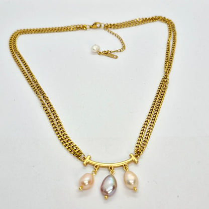 Natural Irregular Pearl Pendant with Gold Plated Stainless Steel Double Chain Necklace