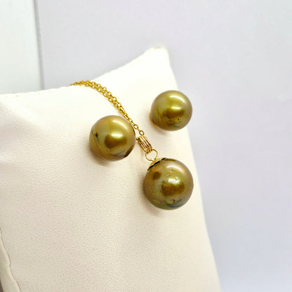 Natural Green South Sea Pearl Earrings and Pendant Set with 14-16mm Stones in Solid 14K Gold