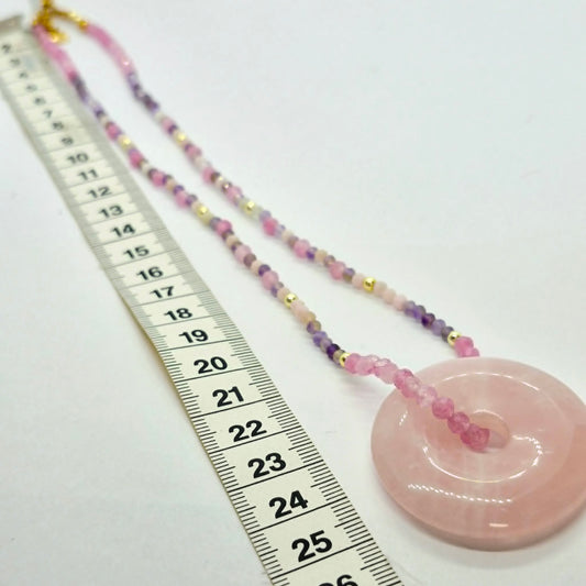 Natural Rose Quartz Donut Pendant with Amethyst and Rose Quartz Beaded Necklace