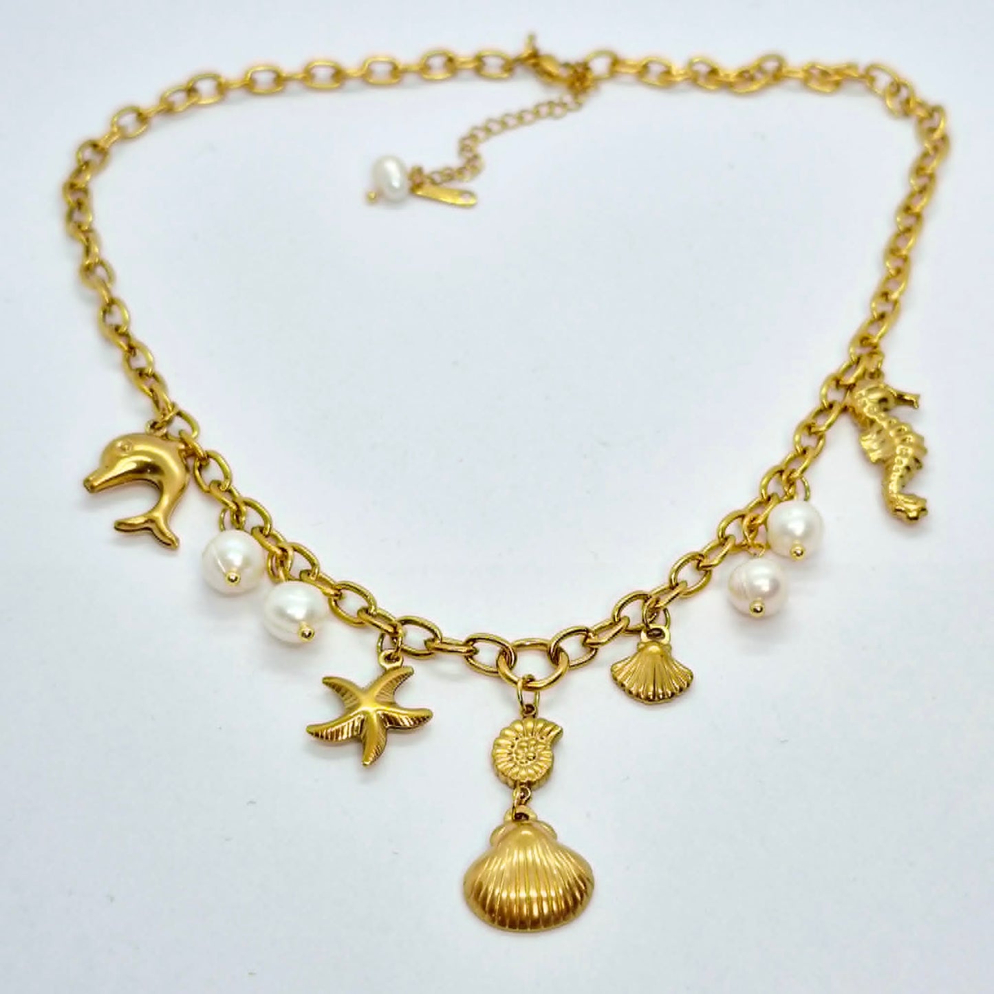 Sea Themed Necklace with Natural Pearls in Stainless Steel Gold Plating
