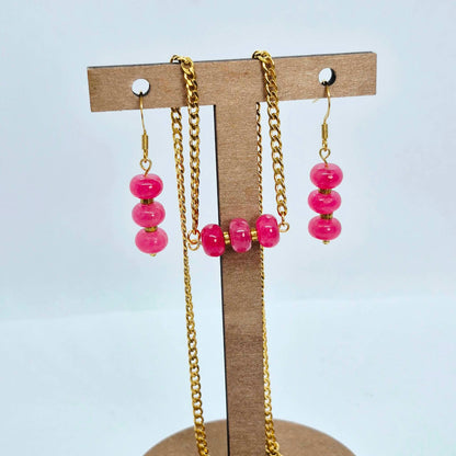 Natural Pink Chalcedony Set in Gold Plated Stainless Steel with Chain Necklace