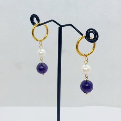 Natural Amethyst and Pearl Dangle Hoop Earrings in Gold Plated Stainless Steel