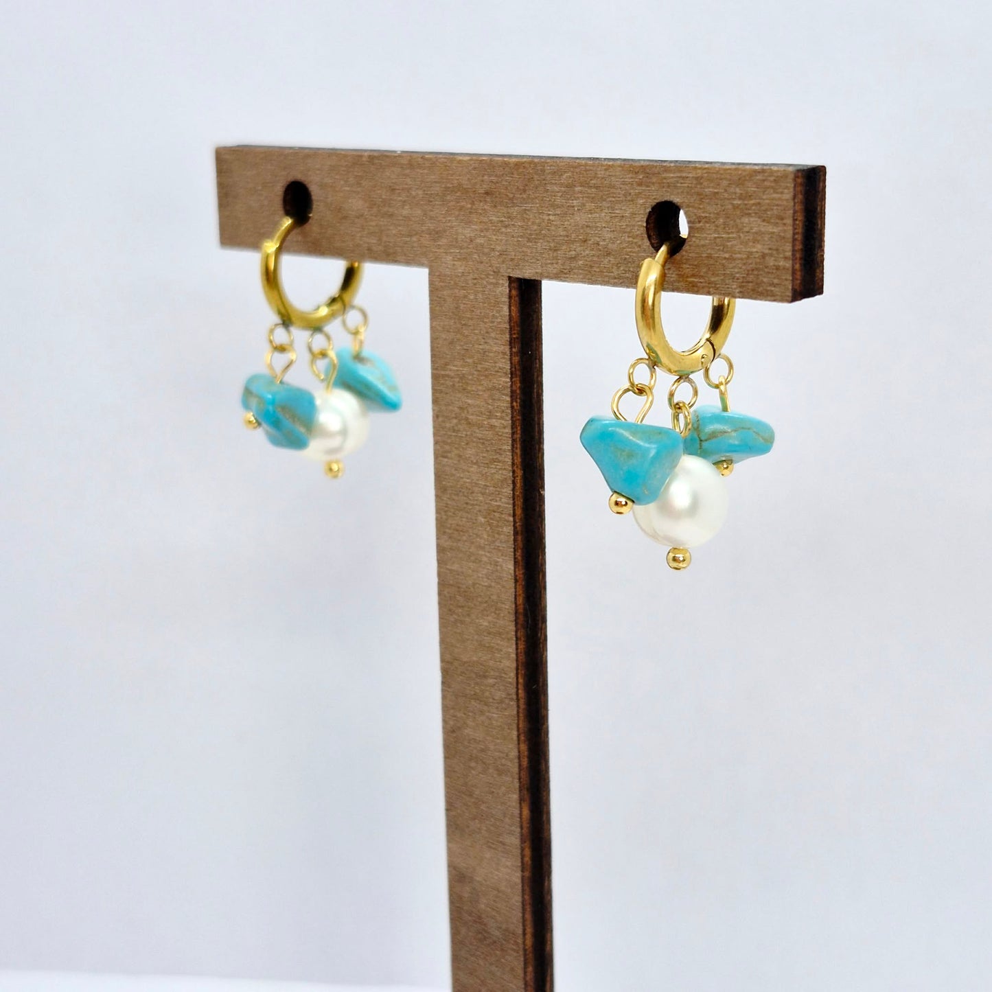 Natural Pearl and Turquoise Earrings in Gold Plated Stainless Steel