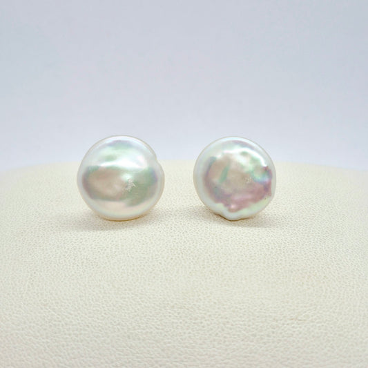 Natural 15mm Button Pearl Stud Earrings in Sterling Silver