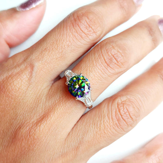3ct Dark Green Moissanite Diamond Ring in Sterling Silver