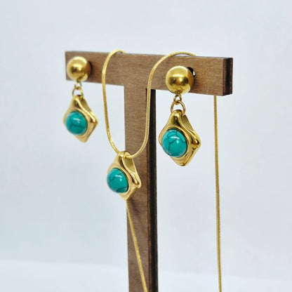 Natural Turquoise Set in Gold Plated Stainless Steel with Chain Necklace