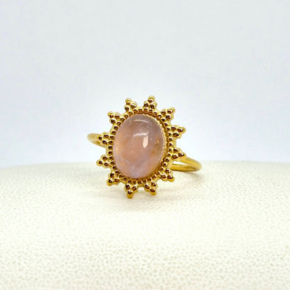 Natural Stone Ring in Gold Plated Stainless Steel Resizeable, Tiger Eye, Rose Quartz, Yellow Jade and  Aventurine