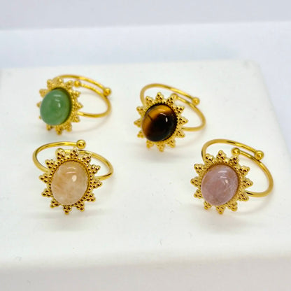 Natural Stone Ring in Gold Plated Stainless Steel Resizeable, Tiger Eye, Rose Quartz, Yellow Jade and  Aventurine
