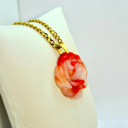 Natural Red&White Hetian Jade Rose Pendant with Stainless Steel Chain Necklace