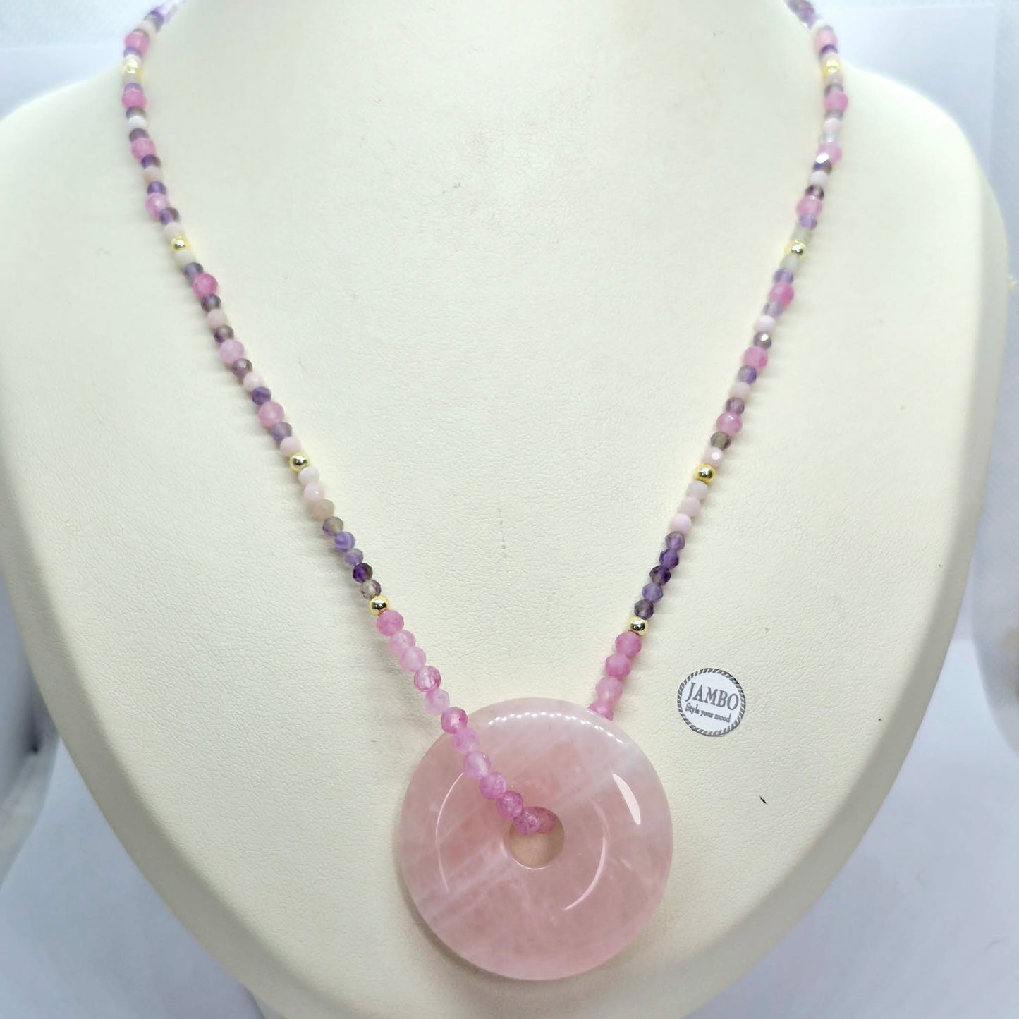 Natural Rose Quartz Donut Pendant with Amethyst and Rose Quartz Beaded Necklace