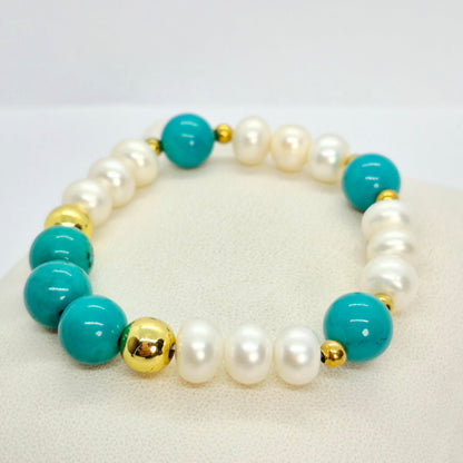 Natural Pearl and Turquoise Bracelet in 10mm Stones