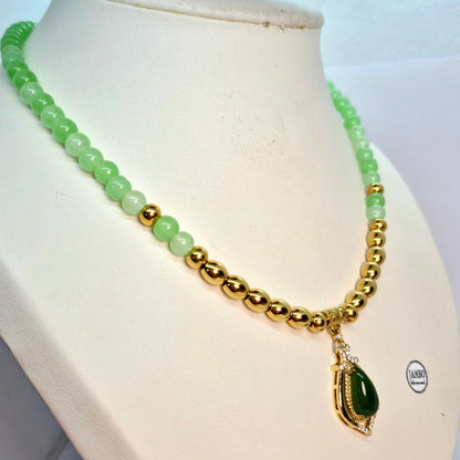 Natural Green Jasper Necklace Choker in 6mm Stones with Hetian Jade Pendant