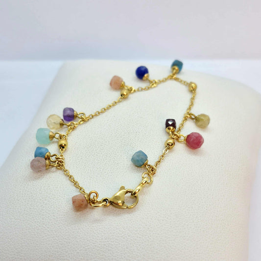 Mixed Mini Natural Stones Bracelet with Gold Plated Stainless Steel Chain