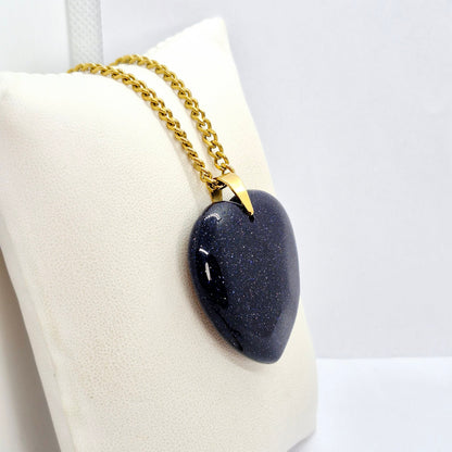 Blue Goldstone Big Heart Pendant with Stainless Steel Chain Necklace