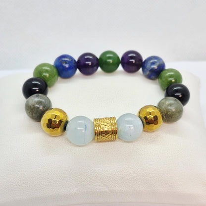 Natural Stone Bracelet with Aquamarine, Hematite, Obsidian, Amethyst, Tourmaline, Lapis and Jade in 12mm Stones