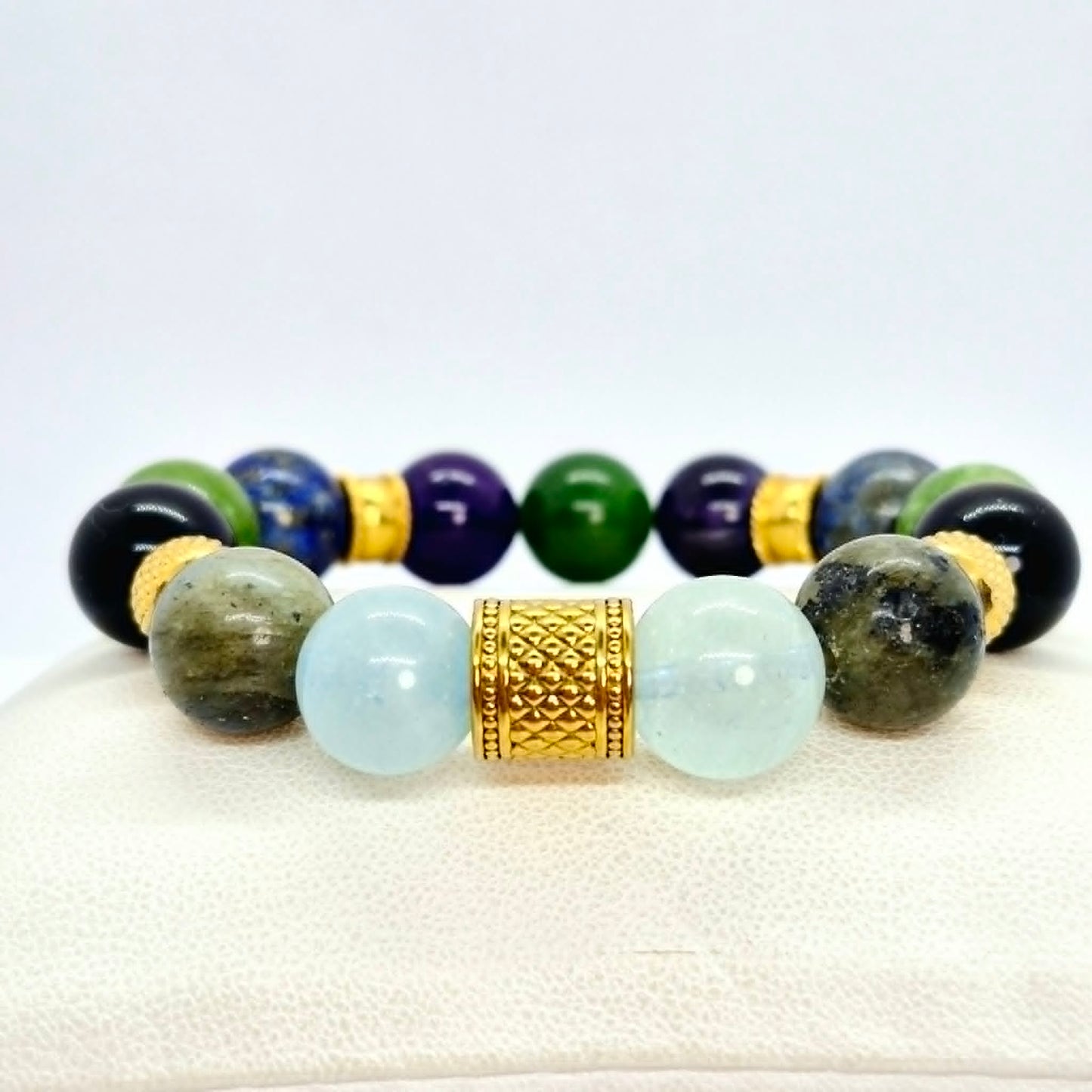 Natural Stone Bracelet with Aquamarine, Labradorite, Obsidian, Amethyst, Tourmaline, Lapis and Jade in 12mm Stones