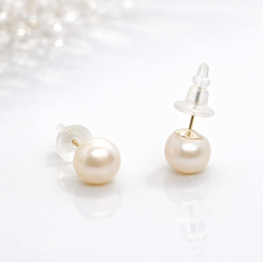 Natural 10mm Peach Pearl Stud Earrings in Sterling Silver