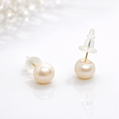 Natural 10mm Peach Pearl Stud Earrings in Sterling Silver