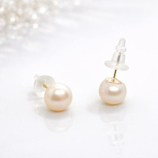 Natural 10mm Peach Pearl Stud Earrings in Sterling Silver