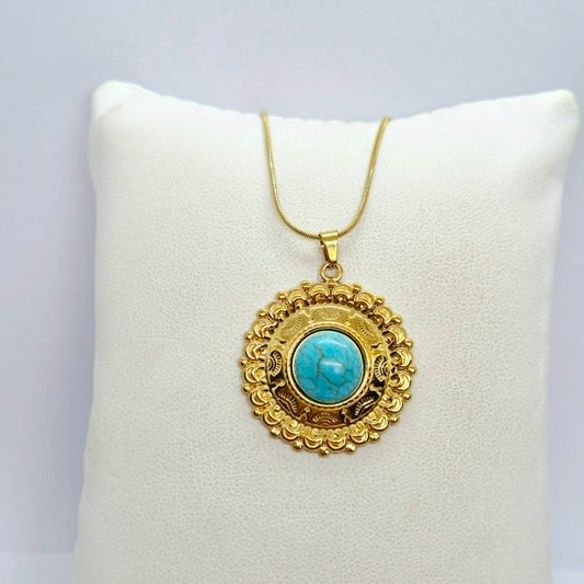 Natural Turquoise Pendant with Gold Plated Stainless Steel Chain Necklace