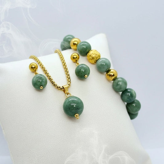 Natural Burmese Jade Set in Gold Plated Stainless Steel