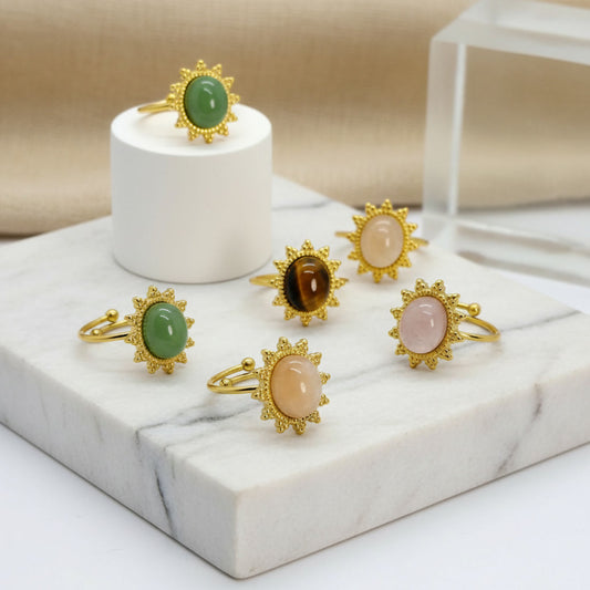 Natural Stone Ring in Gold Plated Stainless Steel Resizeable, Tiger Eye, Rose Quartz, Yellow Jade and  Aventurine