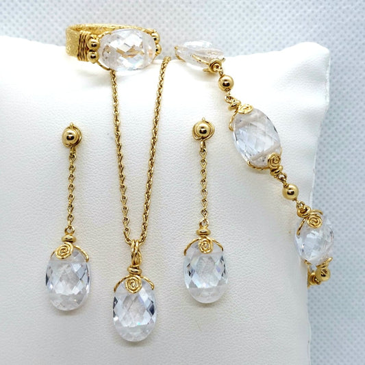 White Crystal Jewelry Set in Solid 10K Gold