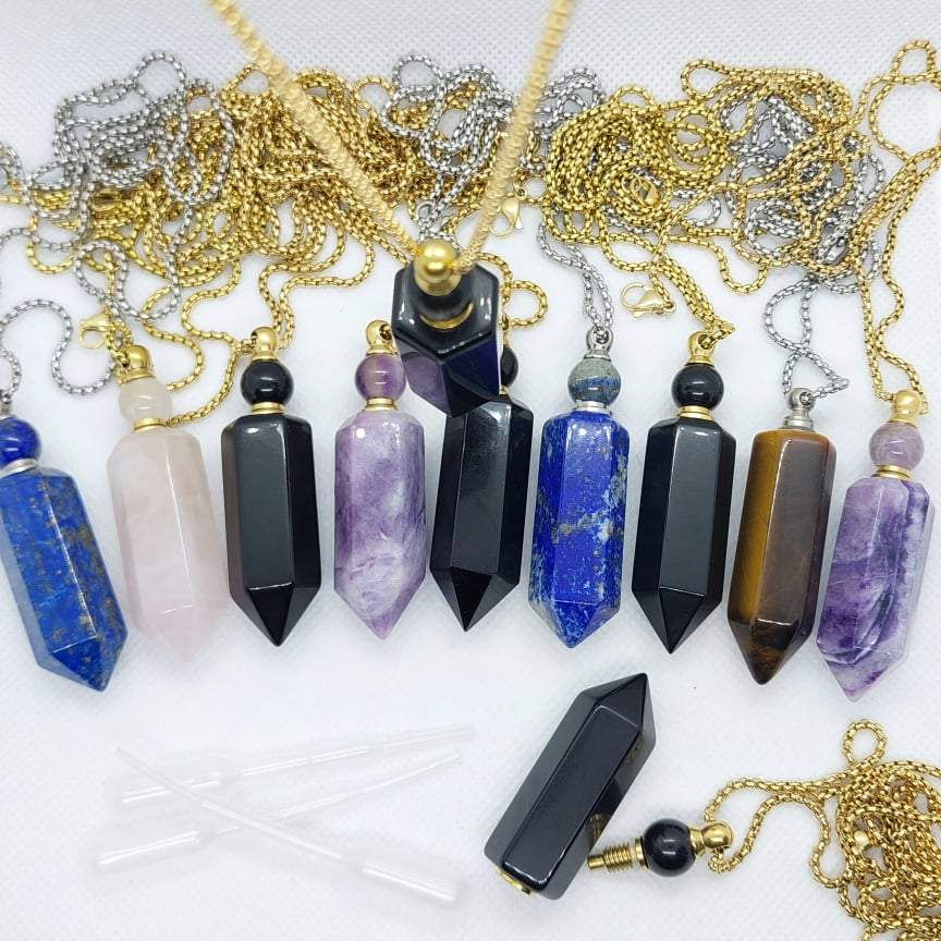 Natural Lapis Lazuli Perfume Bottle Pendant - Stainless Steel Chain Necklace