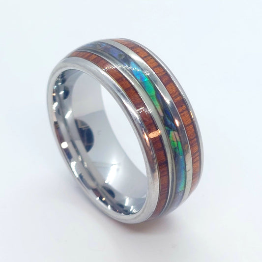 Wood Grain & Abalone Shell Tungsten Carbide Ring