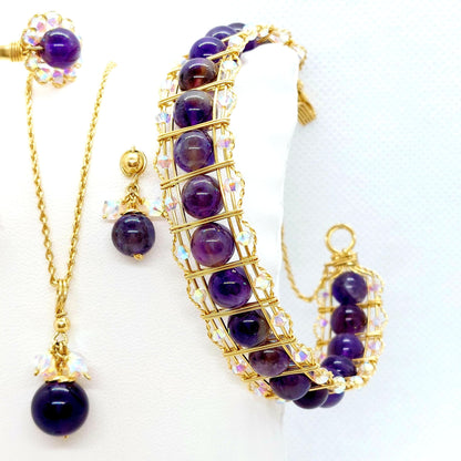 Natural Amethyst with Swarovski Crystals Jewelry Set in 10K Gold