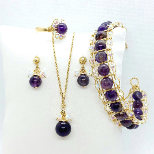 Natural Amethyst with Swarovski Crystals Jewelry Set in 10K Gold