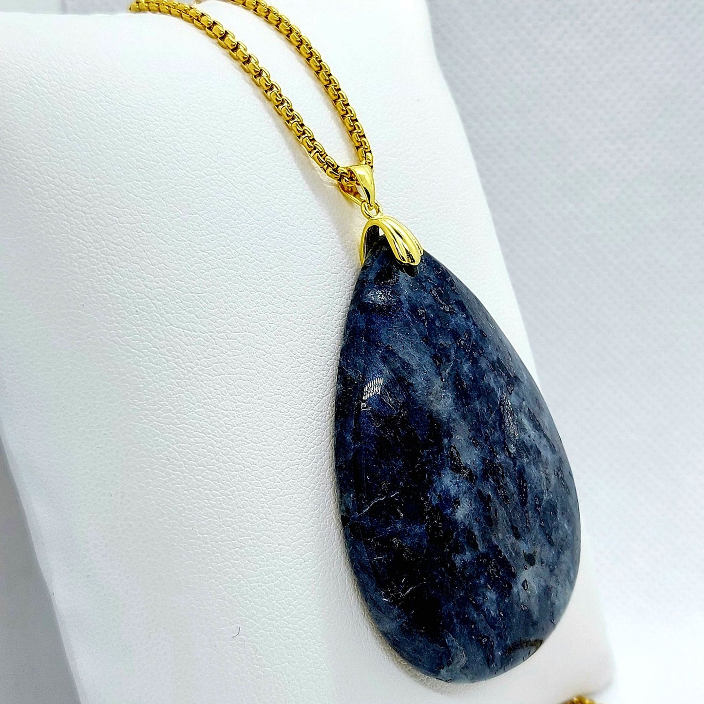Natural Labradorite Raindrop Pendant with Stainless Steel Gold Plated Chain Necklace