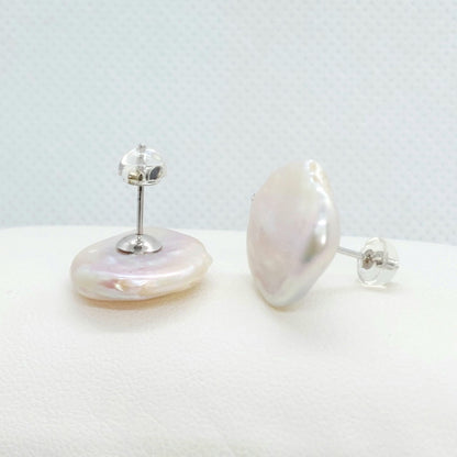 Natural 17mm Baroque Coin Pearl Stud Earrings in Sterling Silver