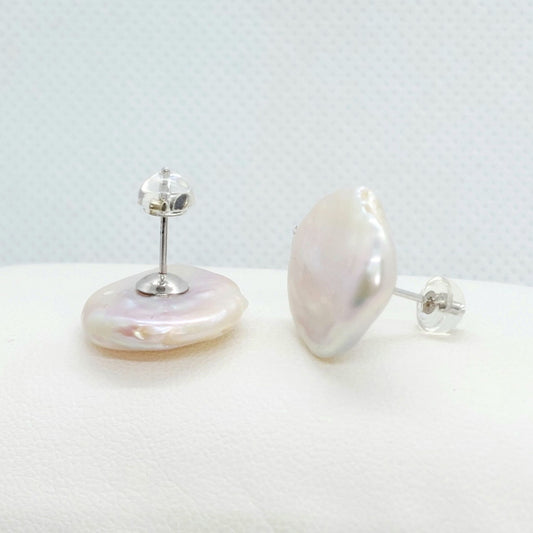 Natural 17mm Baroque Coin Pearl Stud Earrings in Sterling Silver