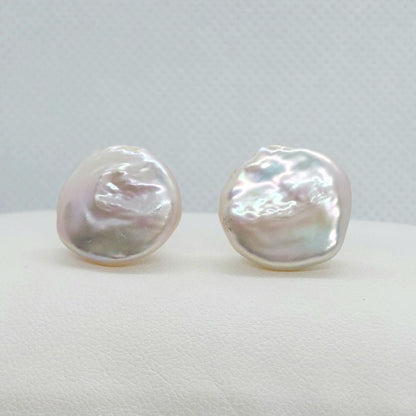 Natural 17mm Baroque Coin Pearl Stud Earrings in Sterling Silver