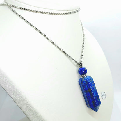 Natural Lapis Lazuli Perfume Bottle Pendant - Stainless Steel Chain Necklace