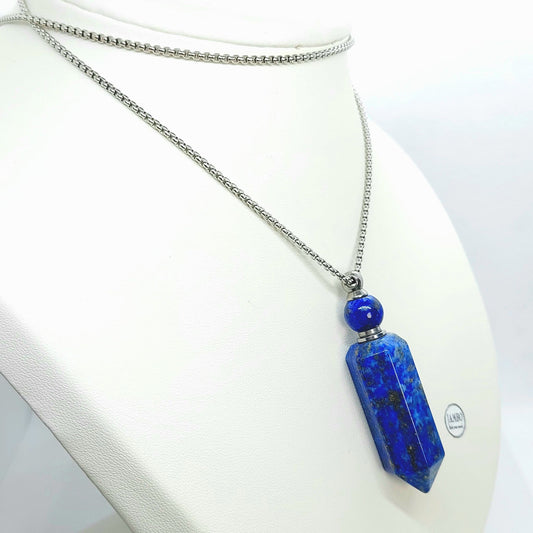 Natural Lapis Lazuli Perfume Bottle Pendant - Stainless Steel Chain Necklace
