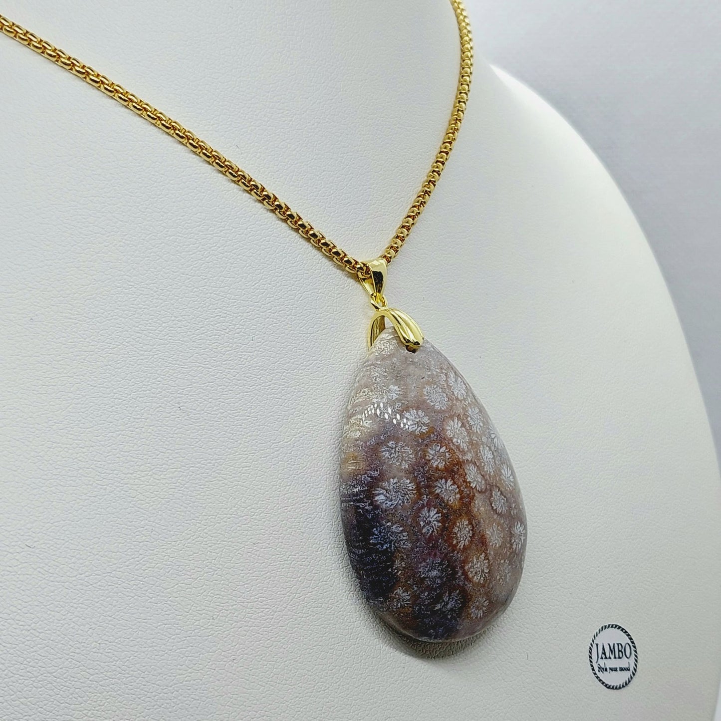 Natural White Chrysantemum Raindrop Pendant with Stainless Steel Gold Plated Chain Necklace
