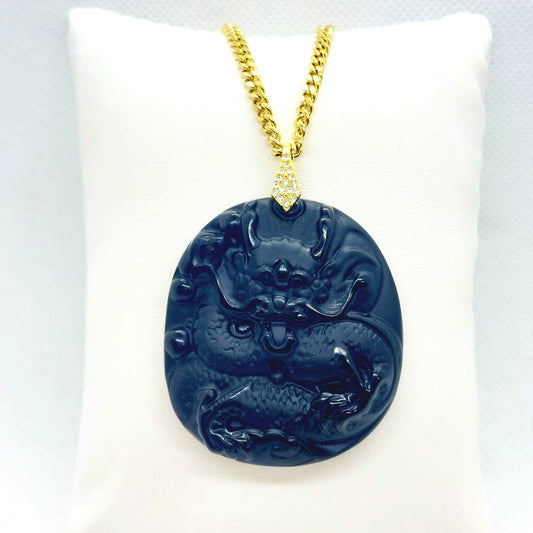 Natural Obsidian Dragon Pendant with Stainless Steel Gold Plated Chain Necklace