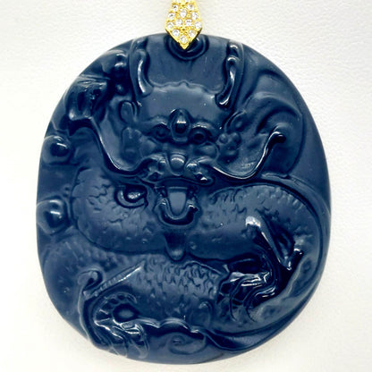 Natural Obsidian Dragon Pendant with Stainless Steel Gold Plated Chain Necklace
