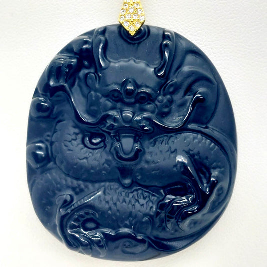 Natural Obsidian Dragon Pendant with Stainless Steel Gold Plated Chain Necklace
