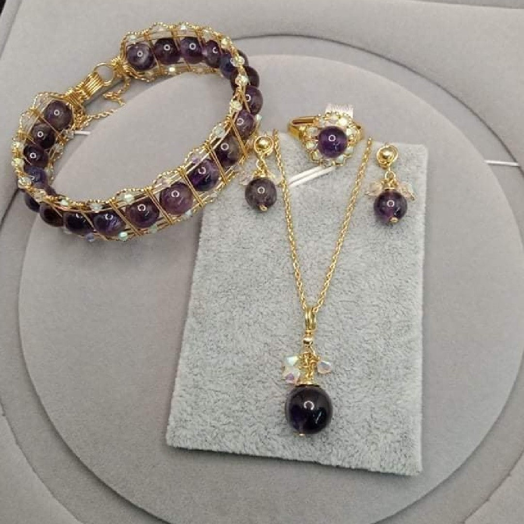 Natural Amethyst with Swarovski Crystals Jewelry Set in 10K Gold